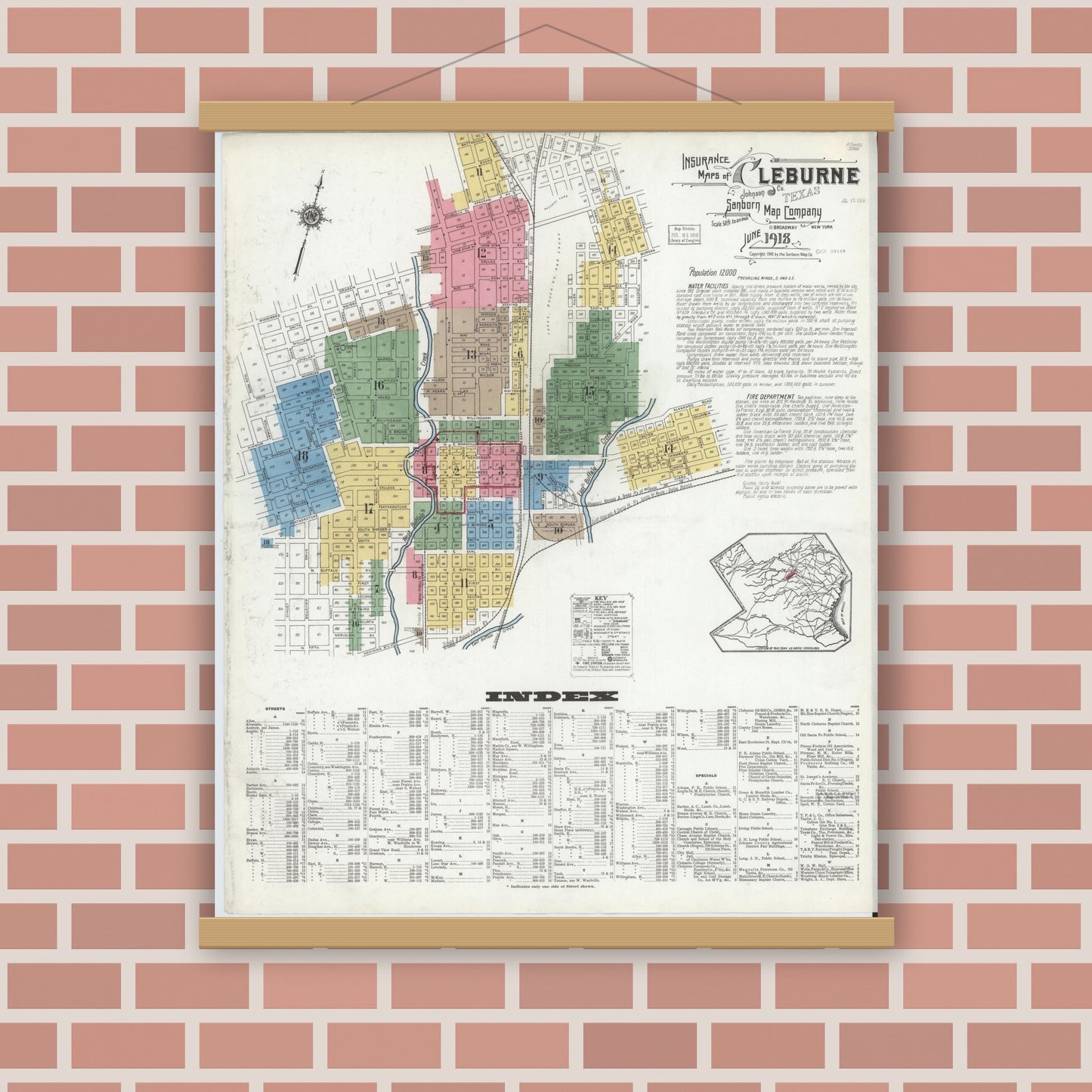 Old map wall art mockup — magnetic wood frame on brick wall — Sanborn Fire Insurance Map from Cleburne, Johnson County, Texas (1918), Sheet #0001