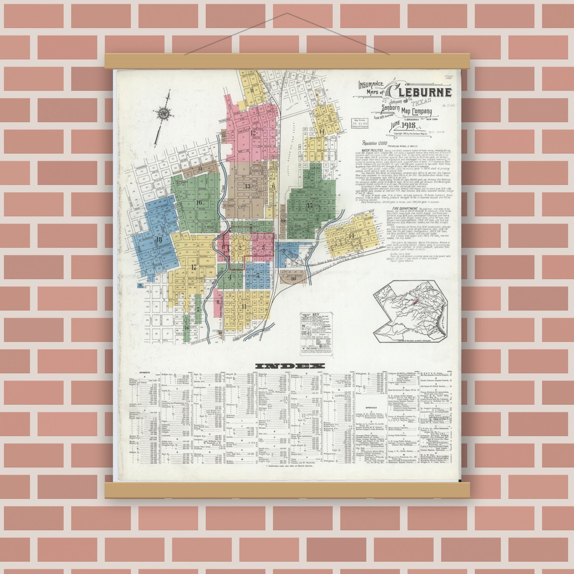 Old map wall art mockup — magnetic wood frame on brick wall — Sanborn Fire Insurance Map from Cleburne, Johnson County, Texas (1918), Sheet #0001