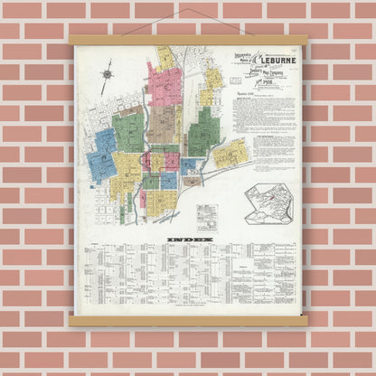 Old map wall art mockup — magnetic wood frame on brick wall — Sanborn Fire Insurance Map from Cleburne, Johnson County, Texas (1918), Sheet #0001