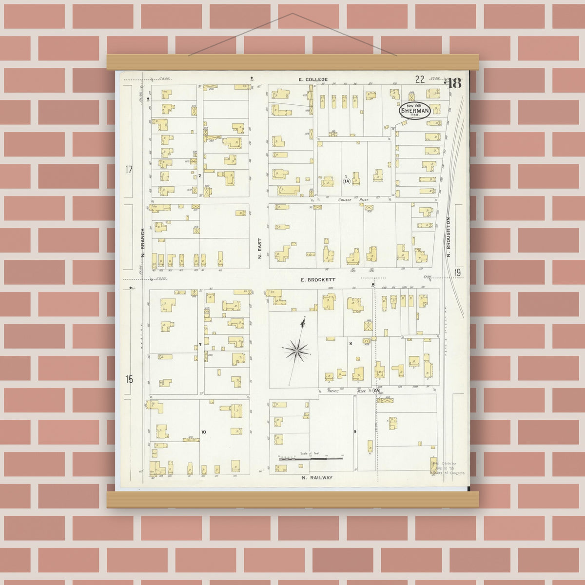 Old map wall art mockup — magnetic wood frame on brick wall — Sanborn Fire Insurance Map from Sherman, Grayson County, Texas (1908), Sheet #0018