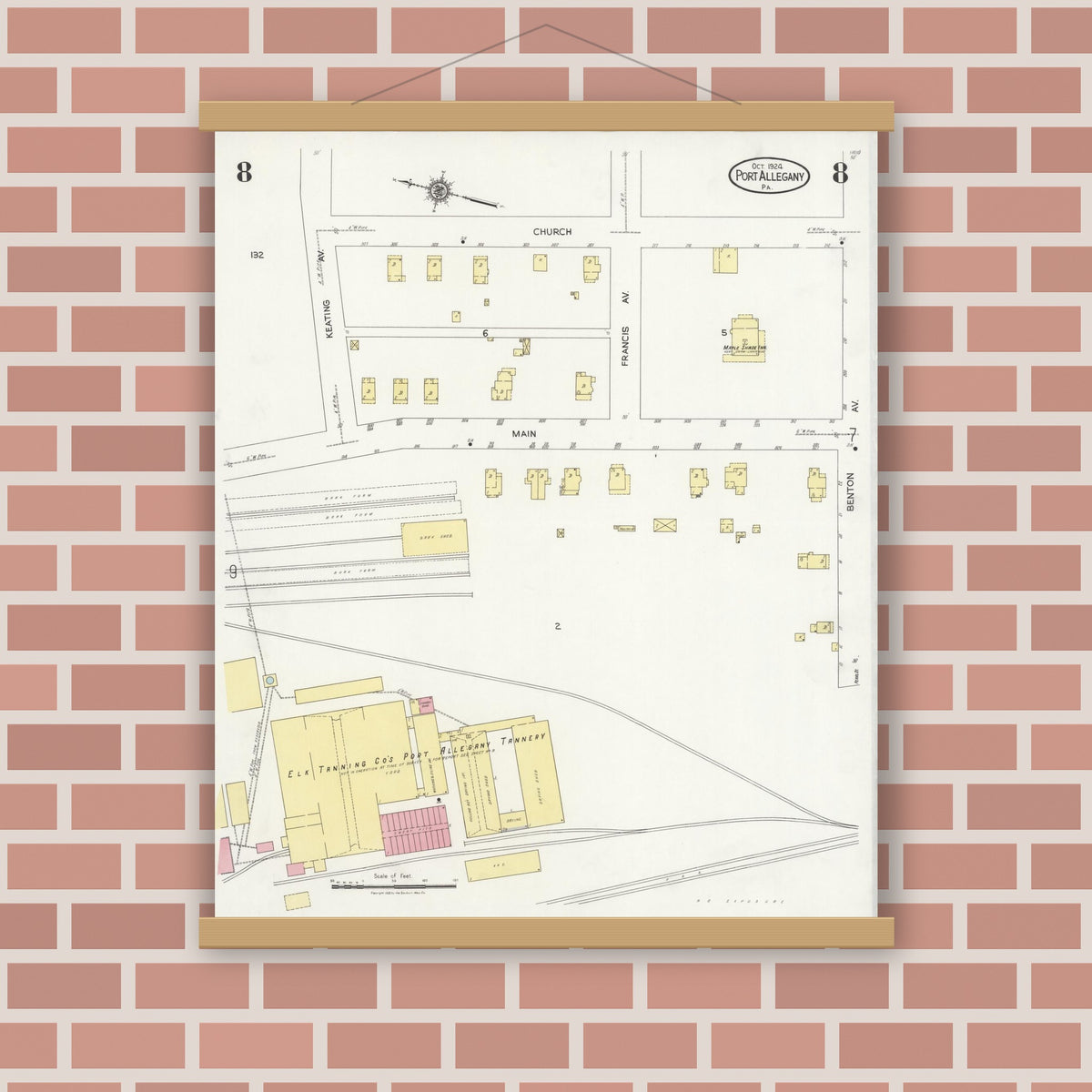 Old map wall art mockup — magnetic wood frame on brick wall — Sanborn Fire Insurance Map from Port Allegany, McKean County, Pennsylvania (1924), Sheet #0008