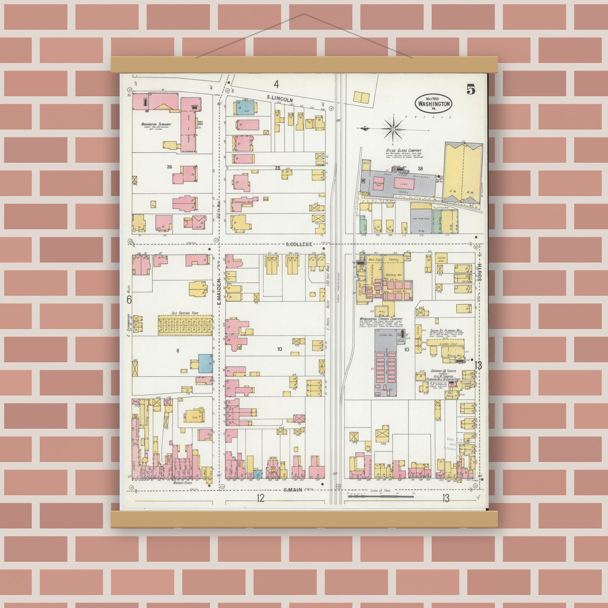 Old map wall art mockup — magnetic wood frame on brick wall — Sanborn Fire Insurance Map from Washington, Washington County, Pennsylvania (1900), Sheet #0005