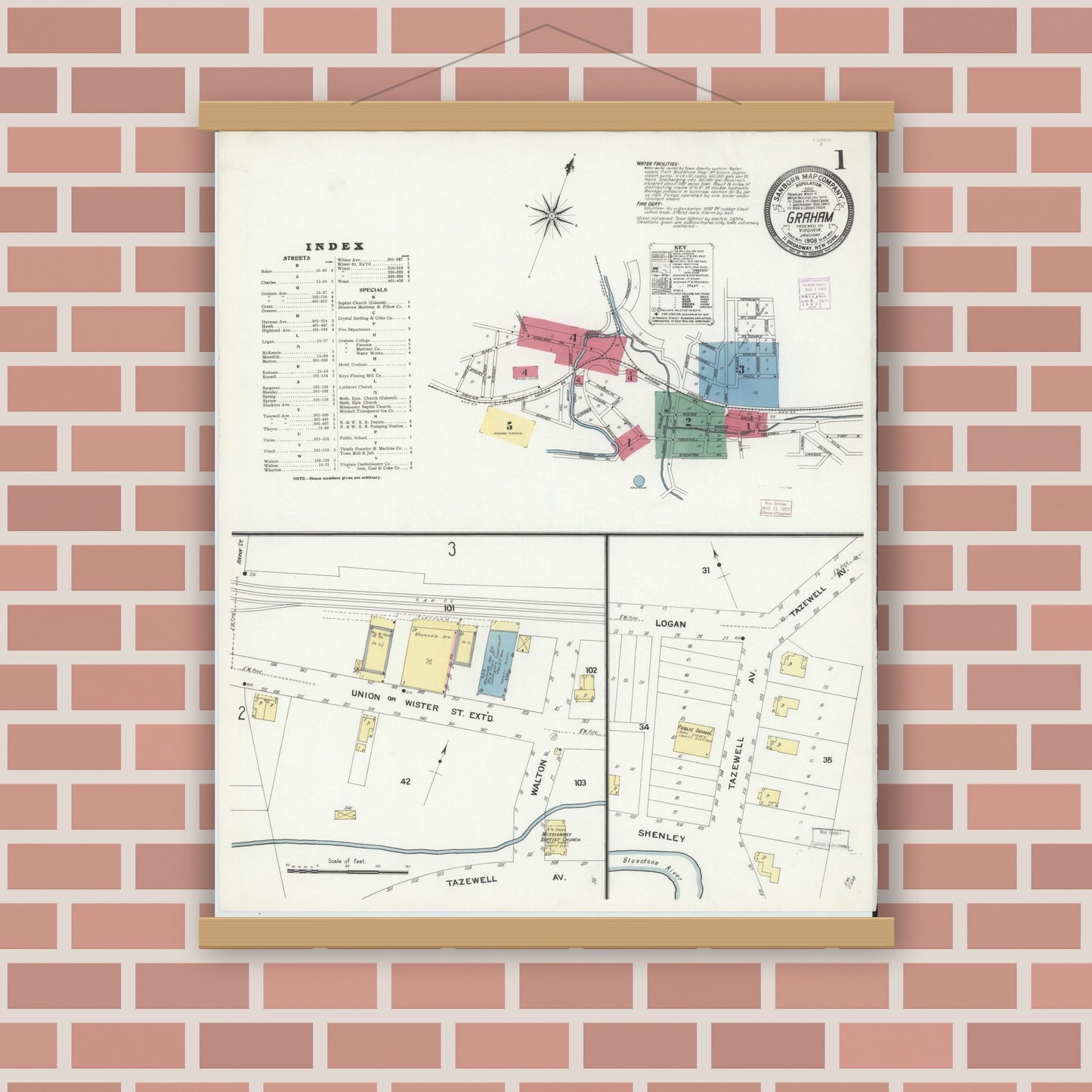 Old map wall art mockup — magnetic wood frame on brick wall — Sanborn Fire Insurance Map from Graham, Tazewell County, Virginia (1908) - Complete Map Set