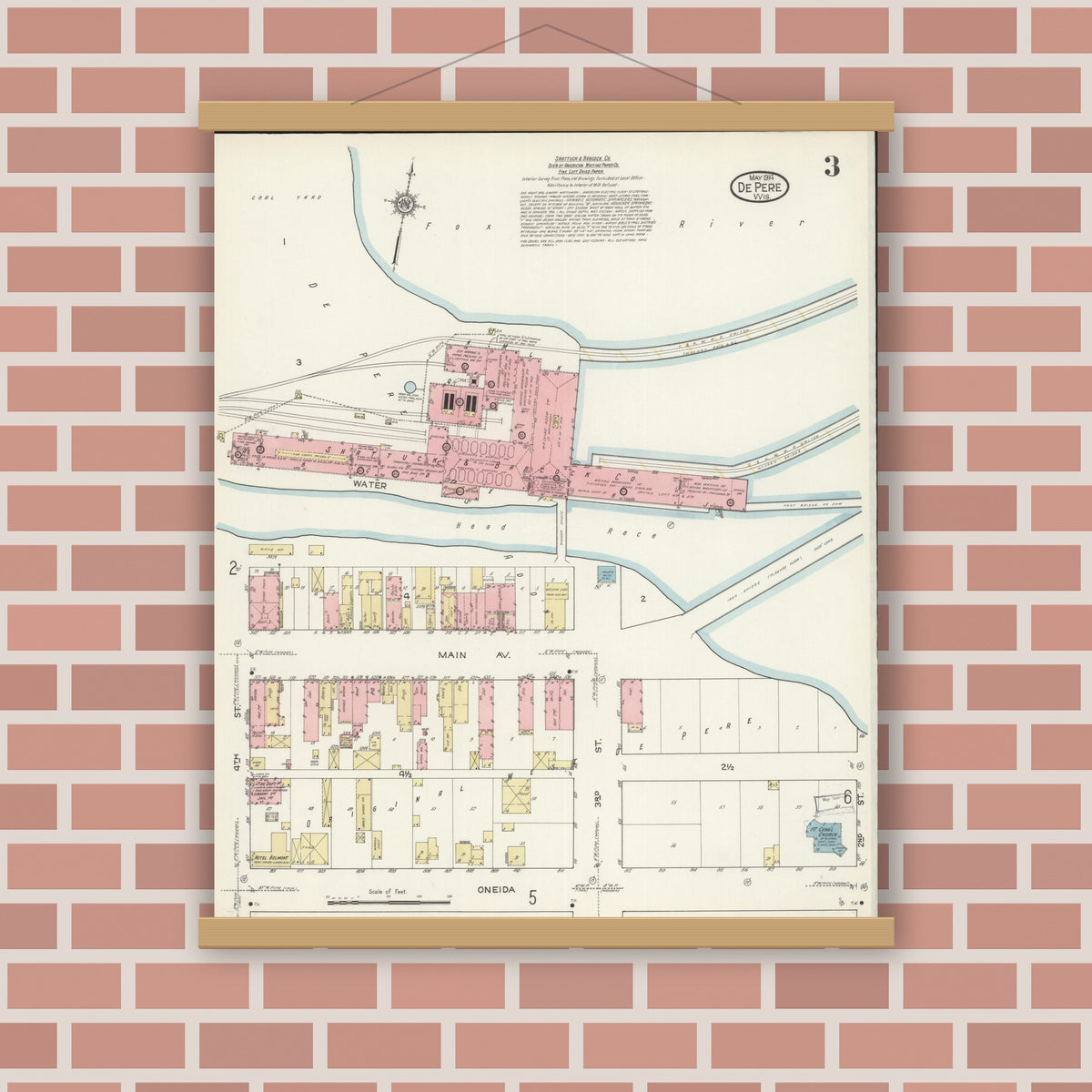 Old map wall art mockup — magnetic wood frame on brick wall — Sanborn Fire Insurance Map from De Pere, Brown County, Wisconsin (1914), Sheet #0003