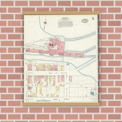 Old map wall art mockup — magnetic wood frame on brick wall — Sanborn Fire Insurance Map from De Pere, Brown County, Wisconsin (1914), Sheet #0003