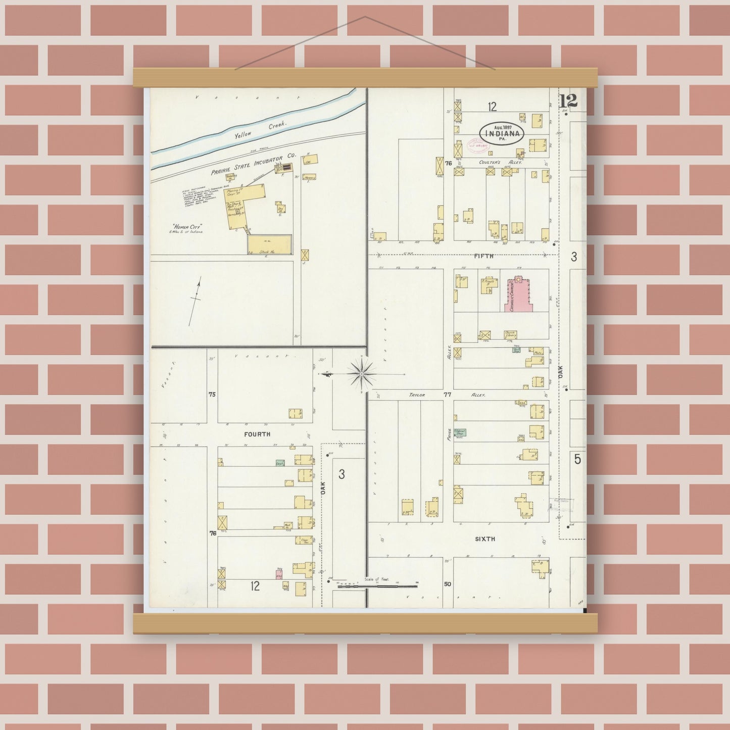 Old map wall art mockup — magnetic wood frame on brick wall — Sanborn Fire Insurance Map from Indiana, Indiana County, Pennsylvania (1888), Sheet #0012