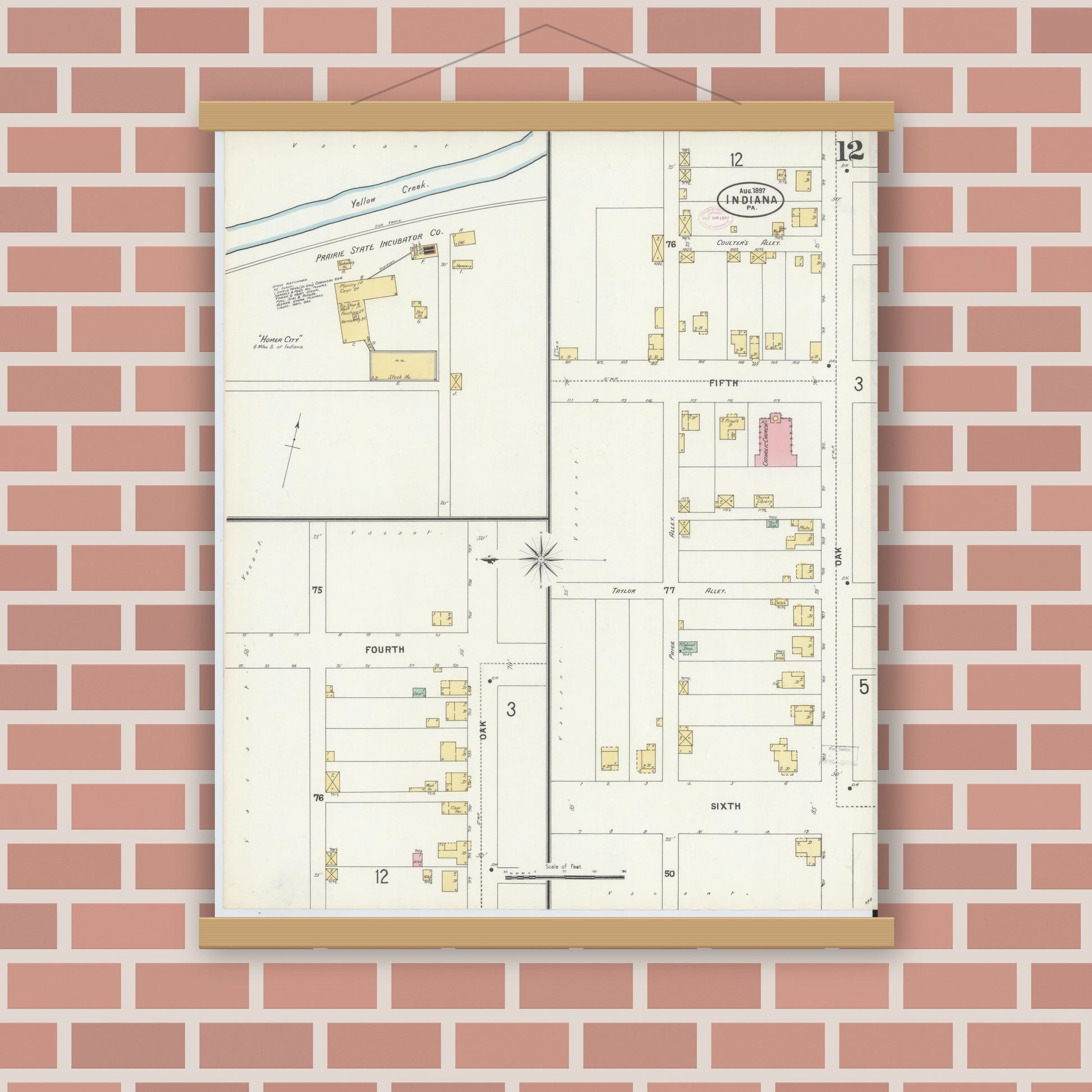 Old map wall art mockup — magnetic wood frame on brick wall — Sanborn Fire Insurance Map from Indiana, Indiana County, Pennsylvania (1888), Sheet #0012