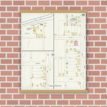 Old map wall art mockup — magnetic wood frame on brick wall — Sanborn Fire Insurance Map from Indiana, Indiana County, Pennsylvania (1888), Sheet #0012