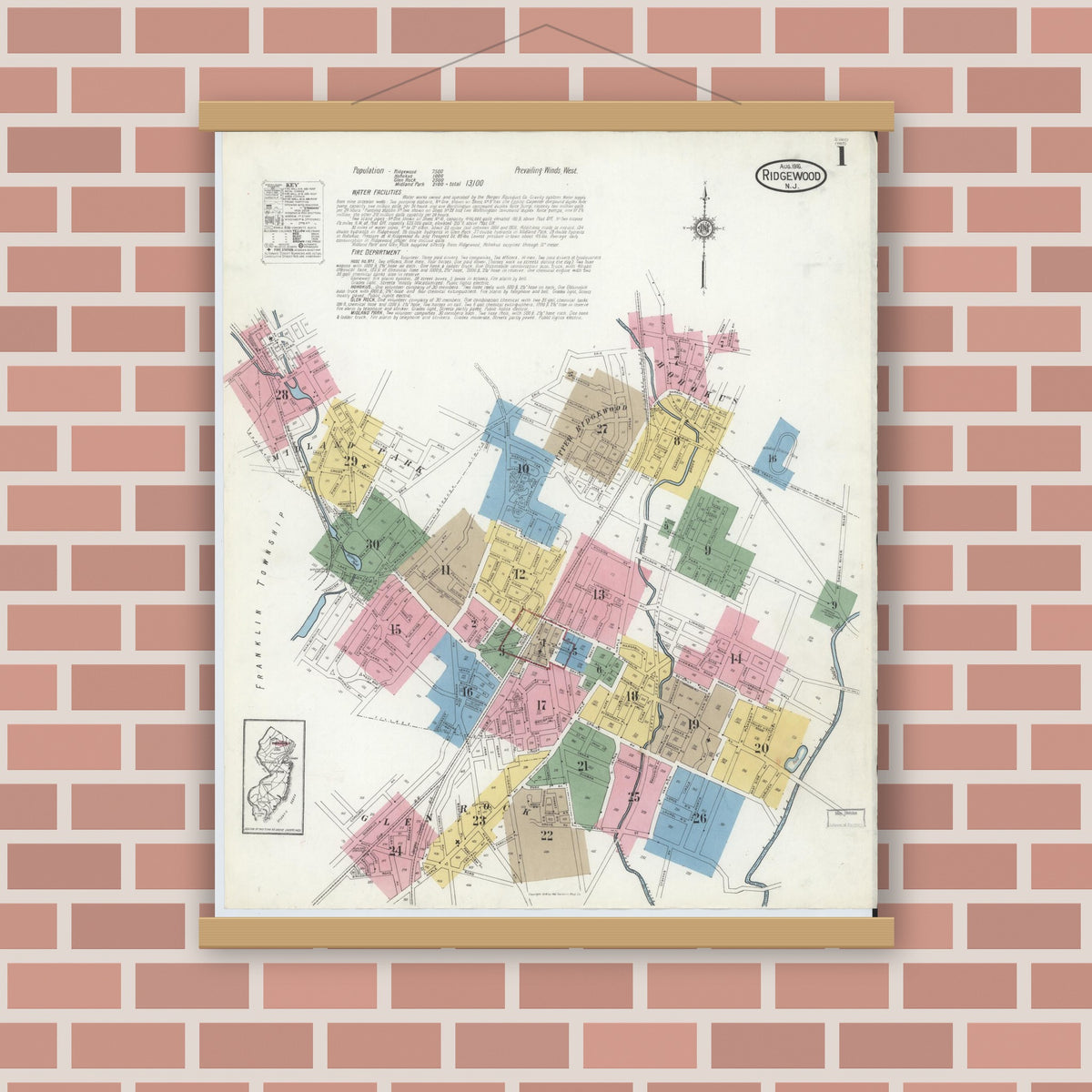 Old map wall art mockup — magnetic wood frame on brick wall — Sanborn Fire Insurance Map from Ridgewood, Bergen County, New Jersey (1916) - Complete Map Set