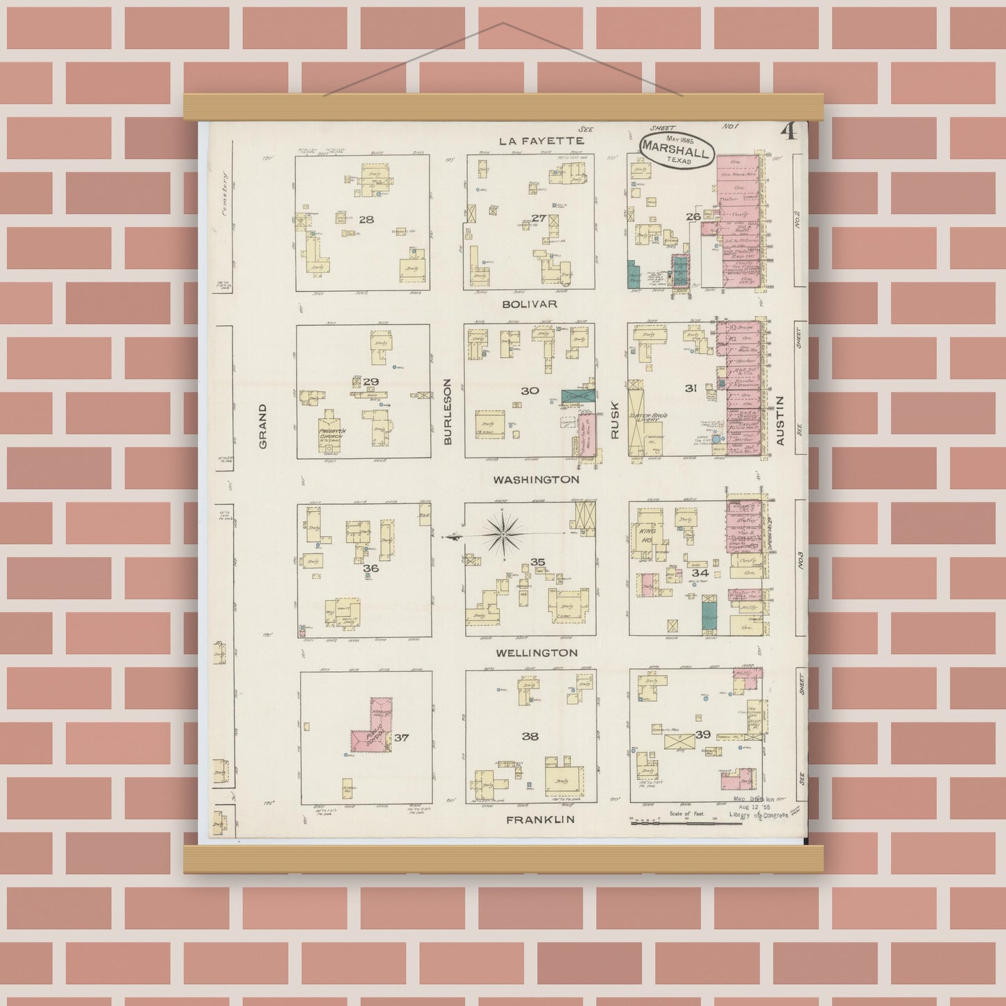 Old map wall art mockup — magnetic wood frame on brick wall — Sanborn Fire Insurance Map from Marshall, Harrison County, Texas (1885), Sheet #0004