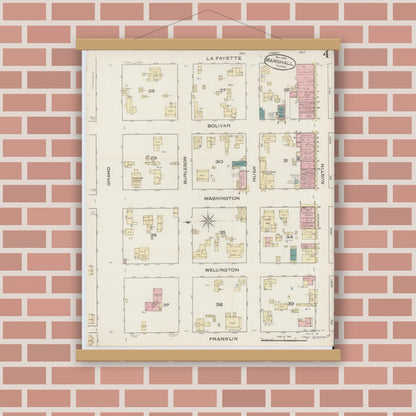 Old map wall art mockup — magnetic wood frame on brick wall — Sanborn Fire Insurance Map from Marshall, Harrison County, Texas (1885), Sheet #0004