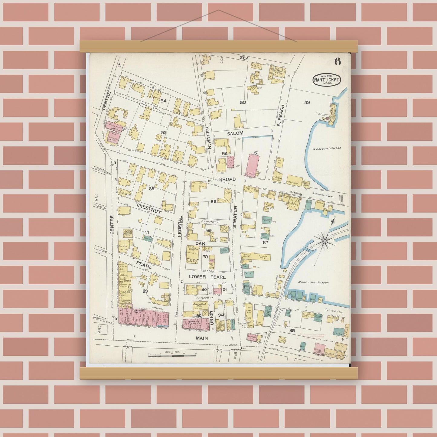 Old map wall art mockup — magnetic wood frame on brick wall — Sanborn Fire Insurance Map from Nantucket, Nantucket County, Massachusetts (1892), Sheet #0006