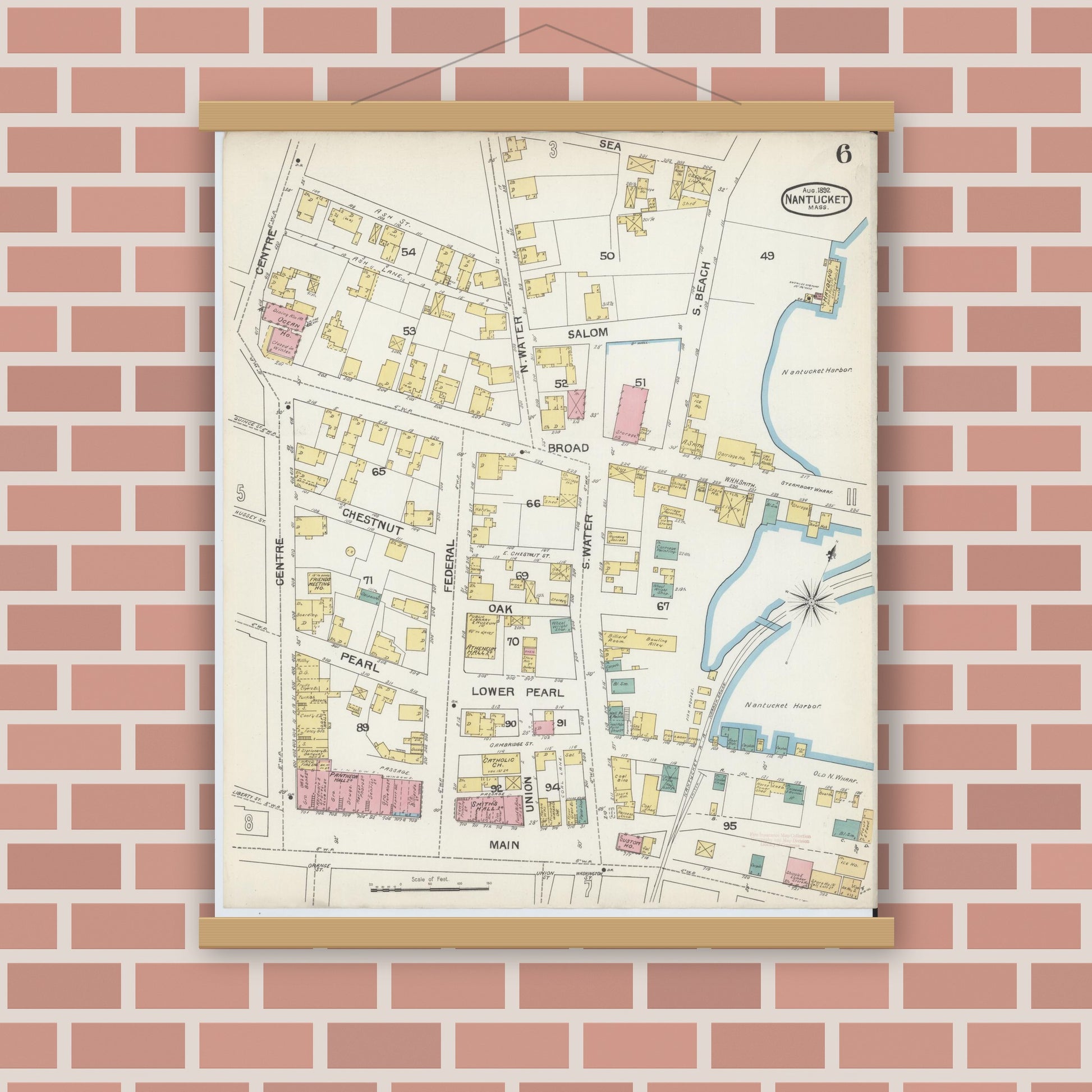 Old map wall art mockup — magnetic wood frame on brick wall — Sanborn Fire Insurance Map from Nantucket, Nantucket County, Massachusetts (1892), Sheet #0006