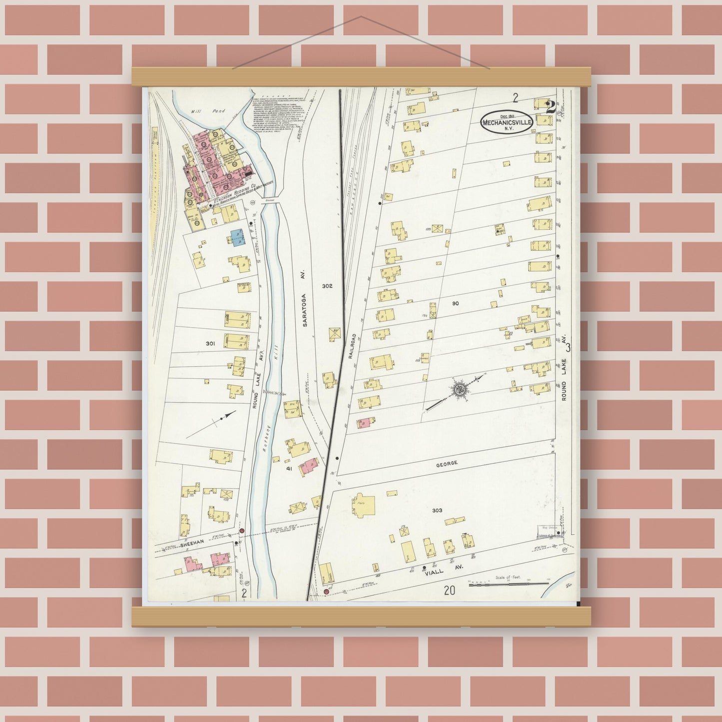 Old map wall art mockup — magnetic wood frame on brick wall — Sanborn Fire Insurance Map from Mechanicville, Saratoga County, New York (1911), Sheet #0002
