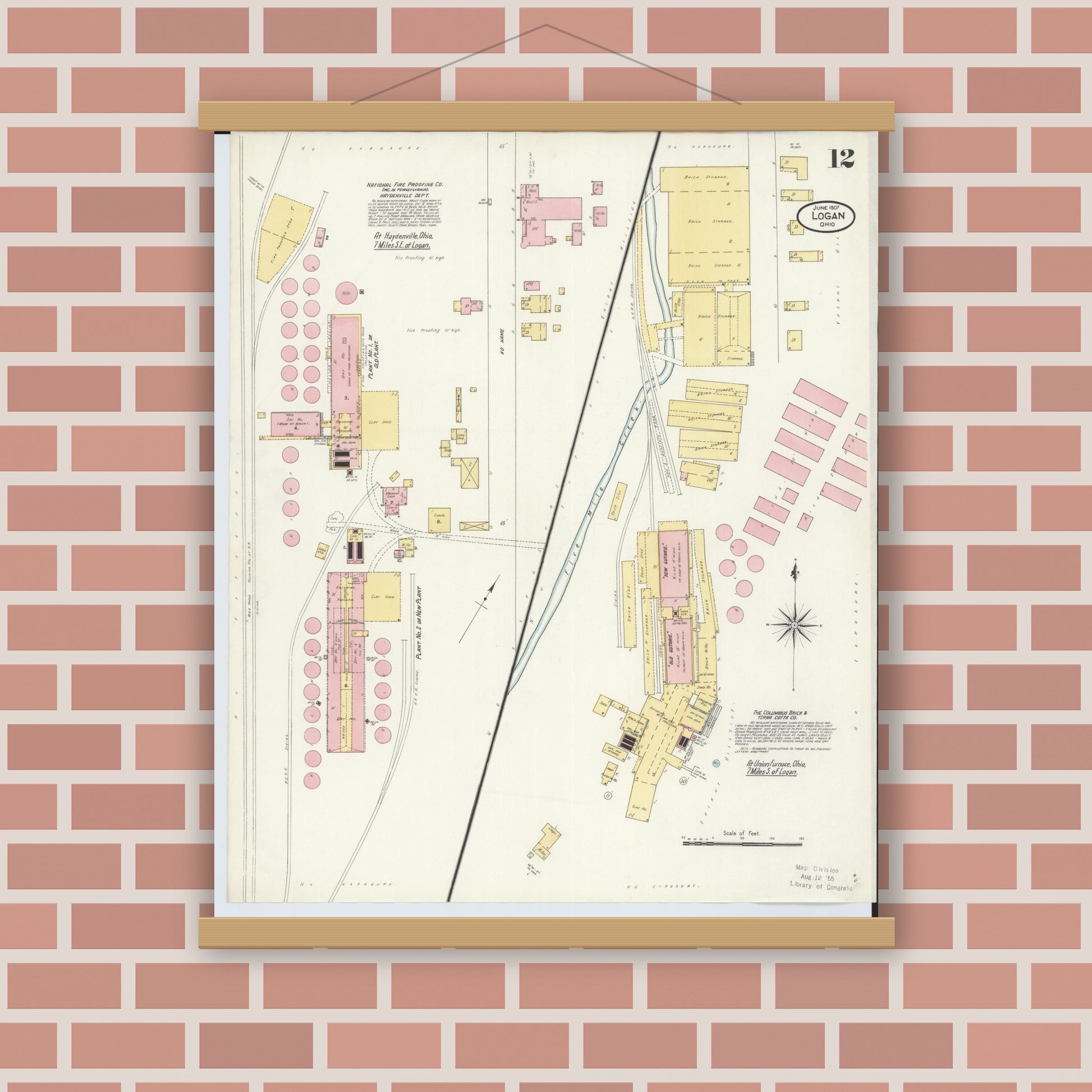 Old map wall art mockup — magnetic wood frame on brick wall — Sanborn Fire Insurance Map from Logan, Hocking County, Ohio (1907), Sheet #0012