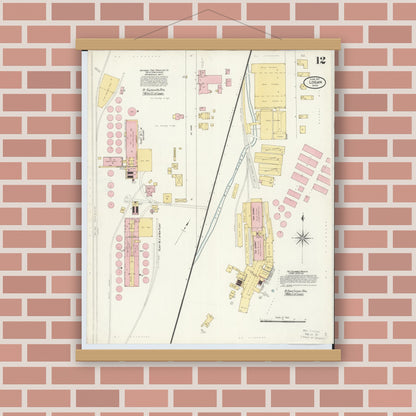 Old map wall art mockup — magnetic wood frame on brick wall — Sanborn Fire Insurance Map from Logan, Hocking County, Ohio (1907), Sheet #0012