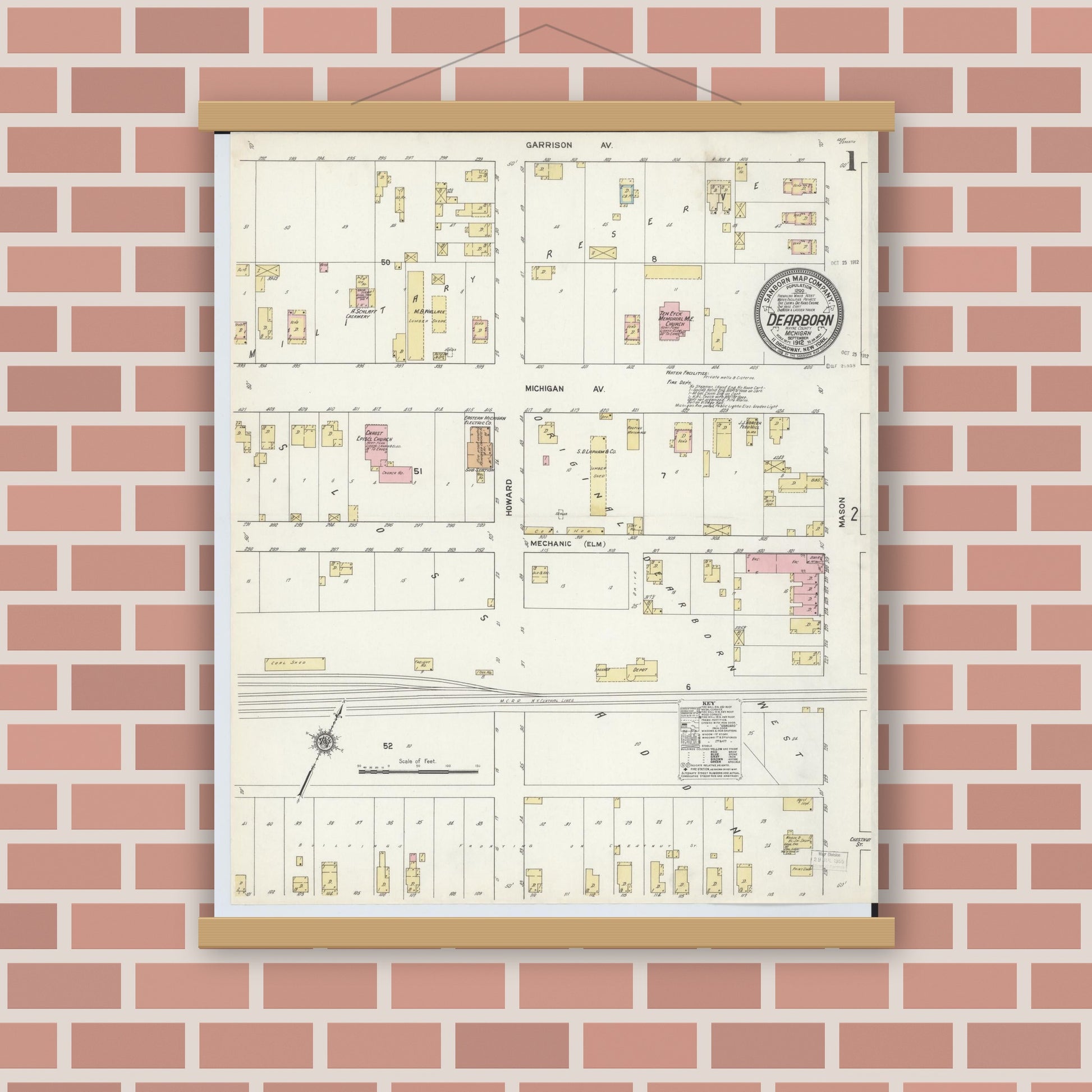 Old map wall art mockup — magnetic wood frame on brick wall — Sanborn Fire Insurance Map from Dearborn, Wayne County, Michigan (1912), Sheet #0001