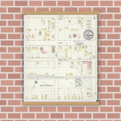 Old map wall art mockup — magnetic wood frame on brick wall — Sanborn Fire Insurance Map from Dearborn, Wayne County, Michigan (1912), Sheet #0001