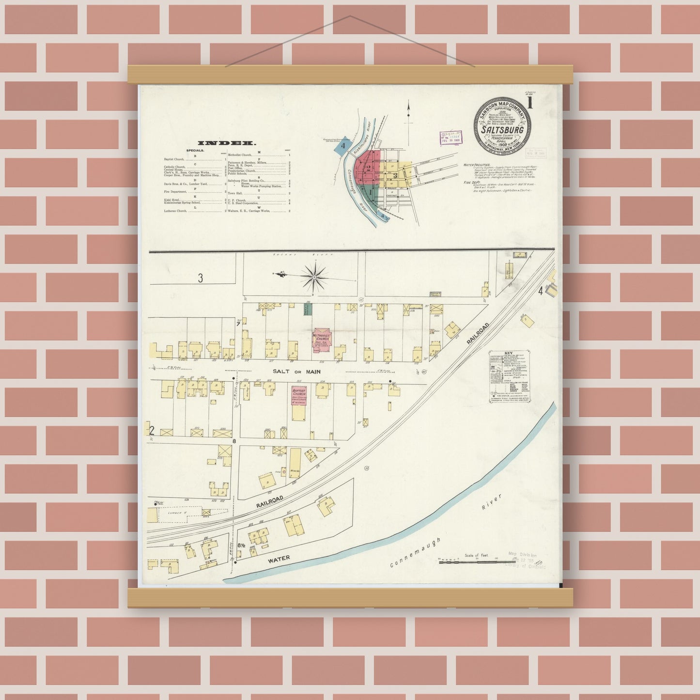 Old map wall art mockup — magnetic wood frame on brick wall — Sanborn Fire Insurance Map from Saltsburg, Indiana County, Pennsylvania (1909) - Complete Map Set