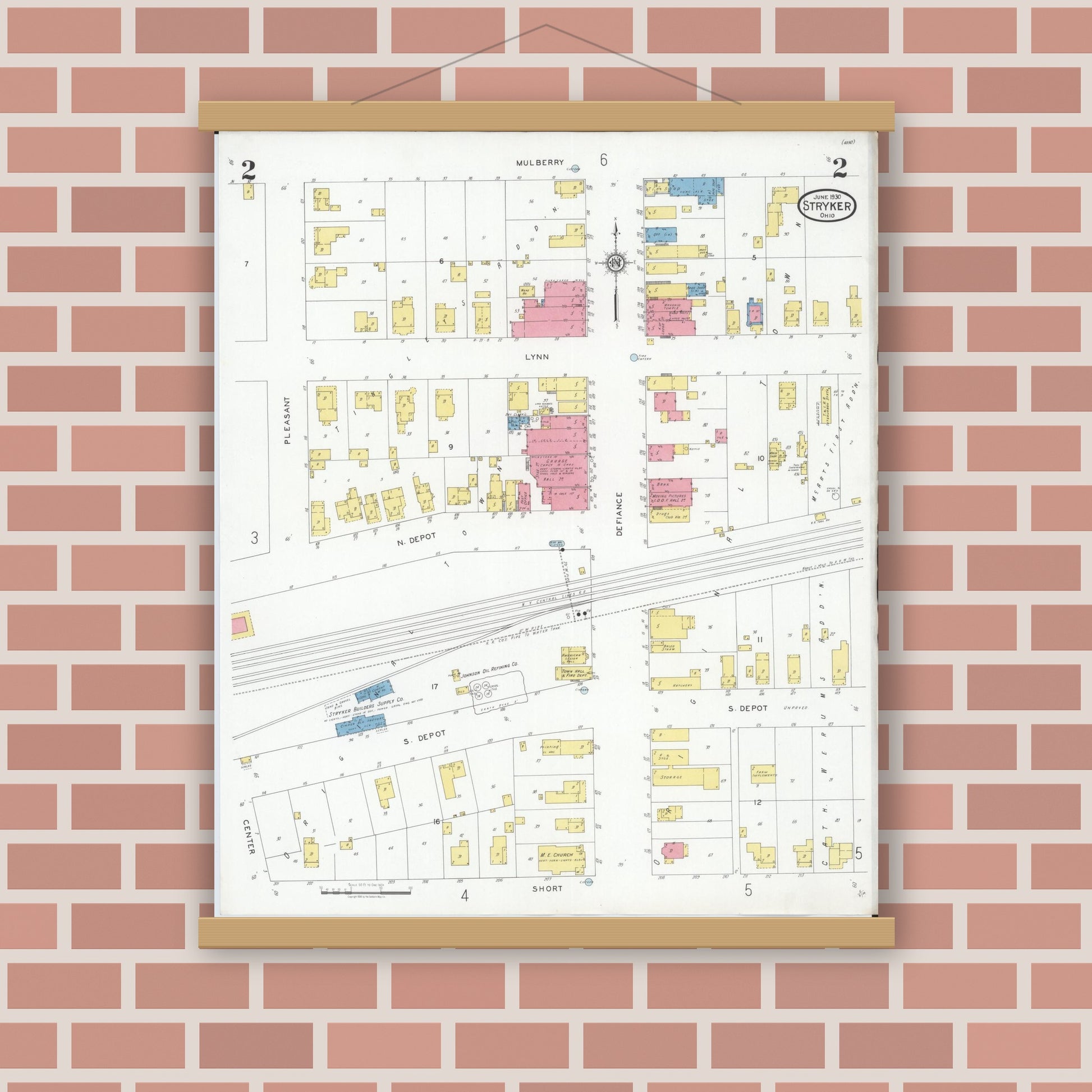 Old map wall art mockup — magnetic wood frame on brick wall — Sanborn Fire Insurance Map from Stryker, Williams County, Ohio (1930), Sheet #0002