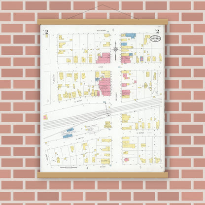 Old map wall art mockup — magnetic wood frame on brick wall — Sanborn Fire Insurance Map from Stryker, Williams County, Ohio (1930), Sheet #0002