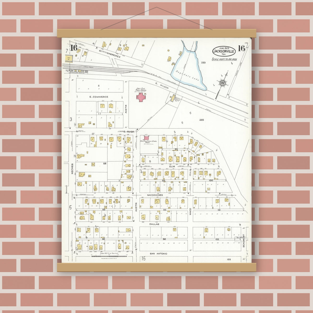 Old map wall art mockup — magnetic wood frame on brick wall — Sanborn Fire Insurance Map from Jacksonville, Cherokee County, Texas (1923), Sheet #0016