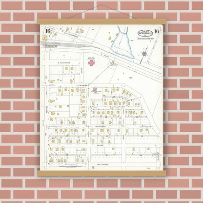 Old map wall art mockup — magnetic wood frame on brick wall — Sanborn Fire Insurance Map from Jacksonville, Cherokee County, Texas (1923), Sheet #0016