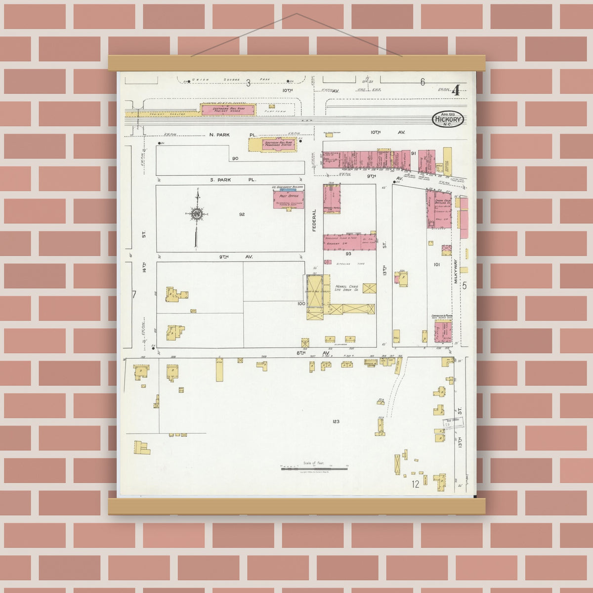 Old map wall art mockup — magnetic wood frame on brick wall — Sanborn Fire Insurance Map from Hickory, Catawba County, North Carolina (1919), Sheet #0004