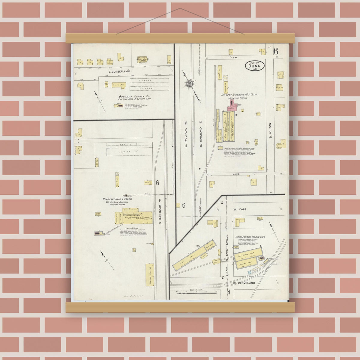 Old map wall art mockup — magnetic wood frame on brick wall — Sanborn Fire Insurance Map from Dunn, Harnett County, North Carolina (1913), Sheet #0006