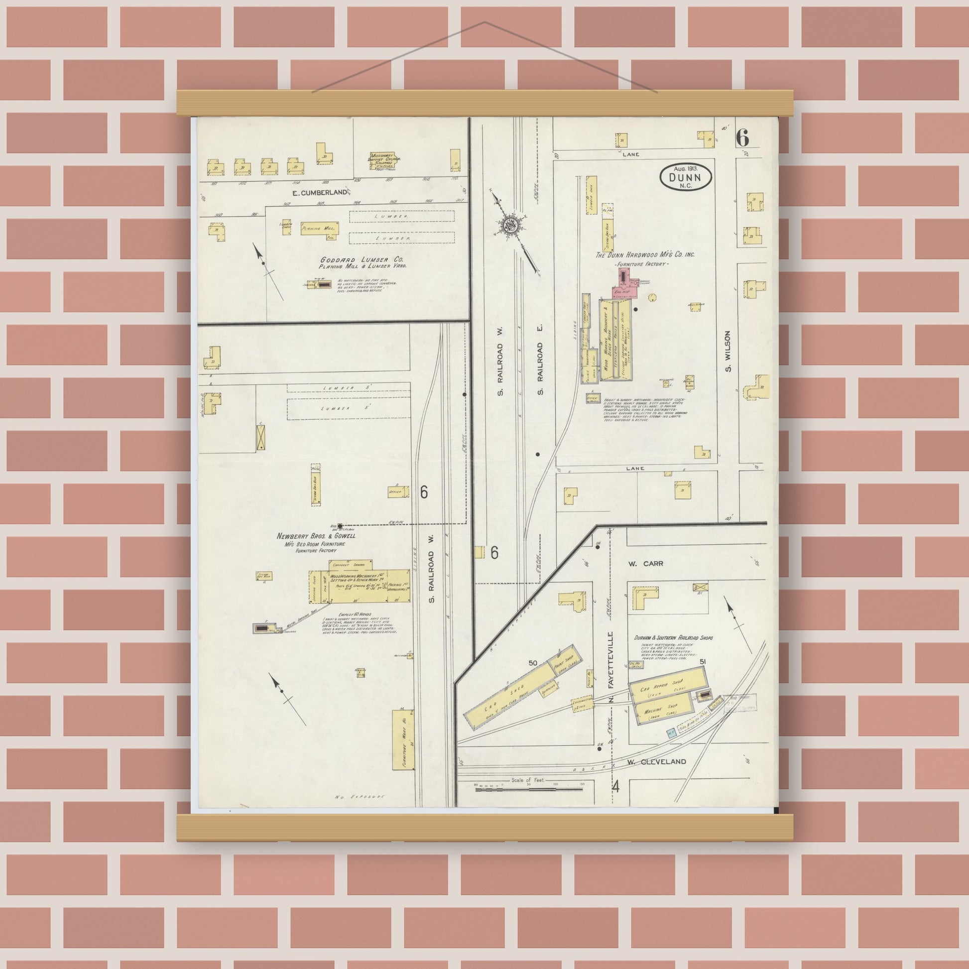 Old map wall art mockup — magnetic wood frame on brick wall — Sanborn Fire Insurance Map from Dunn, Harnett County, North Carolina (1913), Sheet #0006
