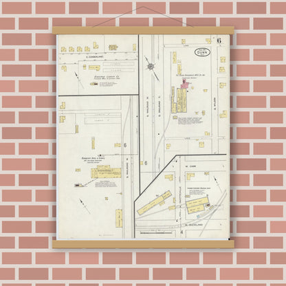 Old map wall art mockup — magnetic wood frame on brick wall — Sanborn Fire Insurance Map from Dunn, Harnett County, North Carolina (1913), Sheet #0006