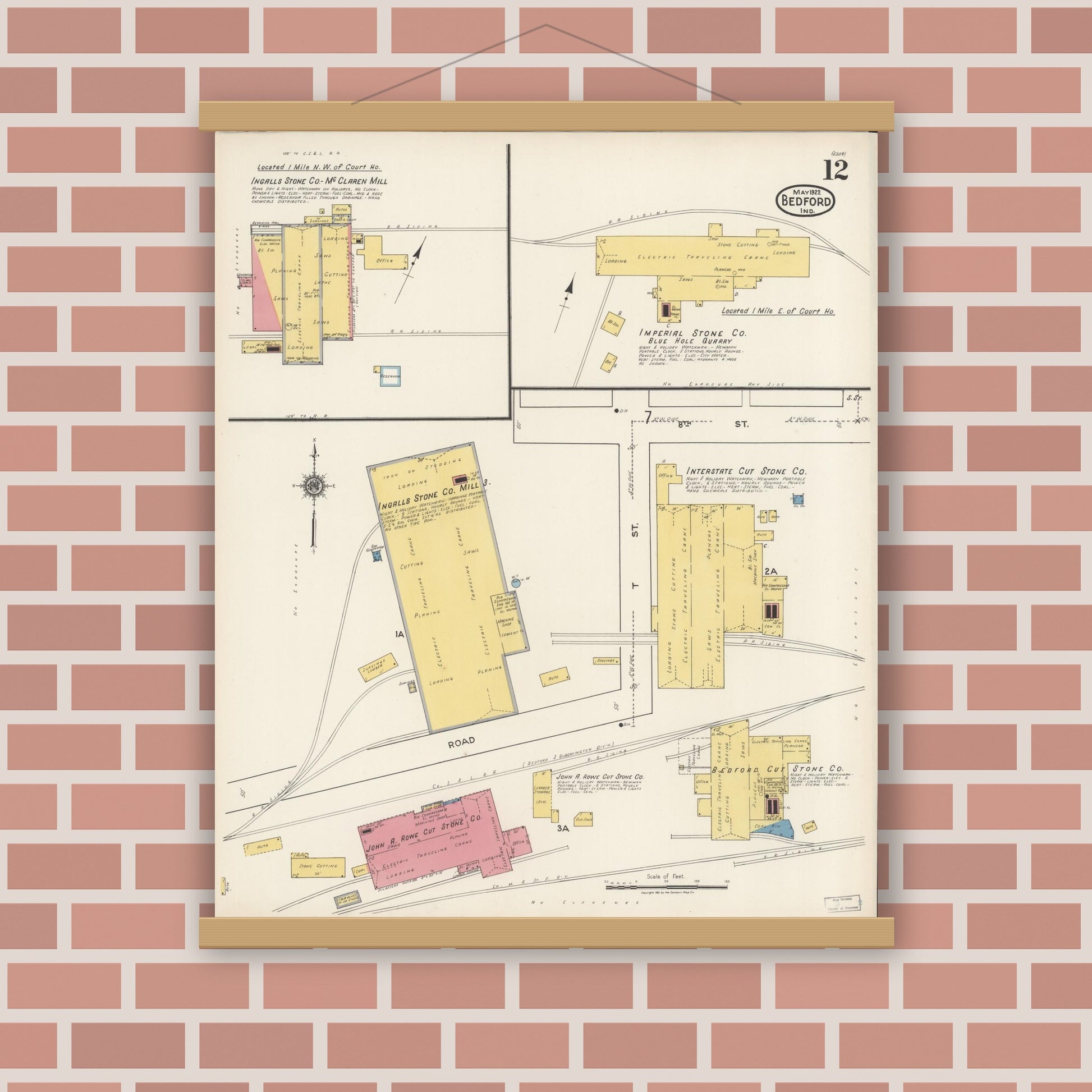 Old map wall art mockup — magnetic wood frame on brick wall — Sanborn Fire Insurance Map from Bedford, Lawrence County, Indiana (1922), Sheet #0012