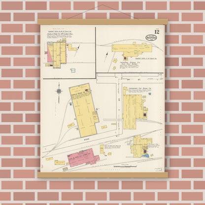 Old map wall art mockup — magnetic wood frame on brick wall — Sanborn Fire Insurance Map from Bedford, Lawrence County, Indiana (1922), Sheet #0012