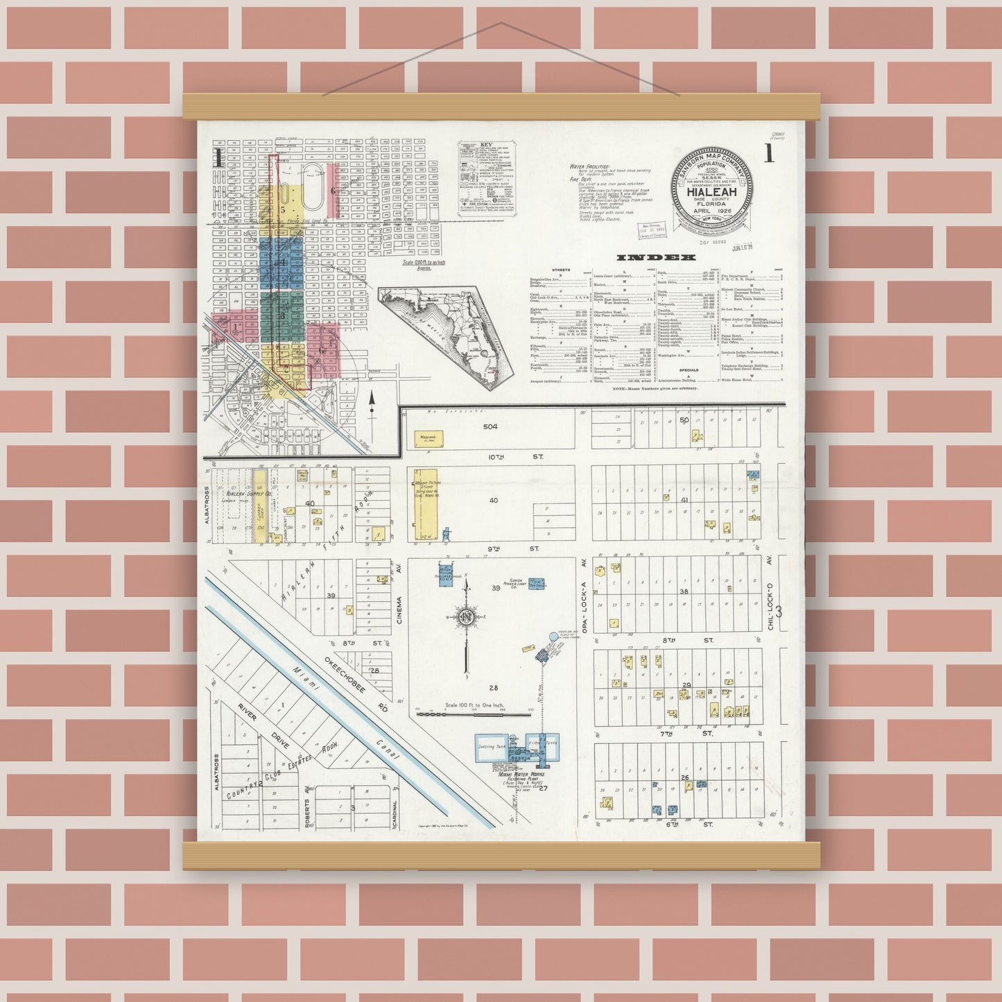 Old map wall art mockup — magnetic wood frame on brick wall — Sanborn Fire Insurance Map from Hialeah, Dade County, Florida (1926) - Complete Map Set