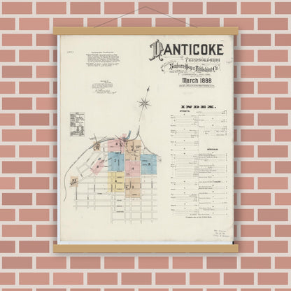 Old map wall art mockup — magnetic wood frame on brick wall — Sanborn Fire Insurance Map from Nanticoke, Luzerne County, Pennsylvania (1888), Sheet #0001