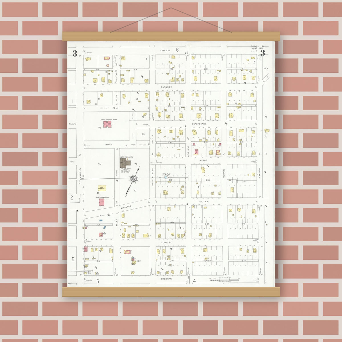 Old map wall art mockup — magnetic wood frame on brick wall — Sanborn Fire Insurance Map from Rotan, Fisher County, Texas (1933), Sheet #0003