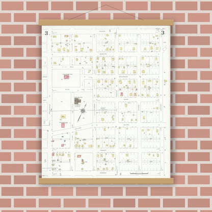 Old map wall art mockup — magnetic wood frame on brick wall — Sanborn Fire Insurance Map from Rotan, Fisher County, Texas (1933), Sheet #0003