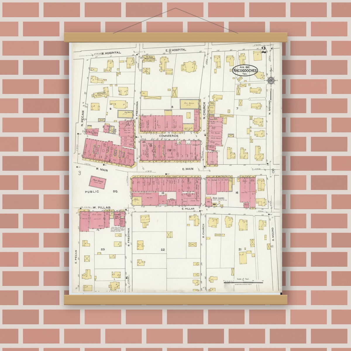Old map wall art mockup — magnetic wood frame on brick wall — Sanborn Fire Insurance Map from Nacogdoches, Nacogdoches County, Texas (1921), Sheet #0002