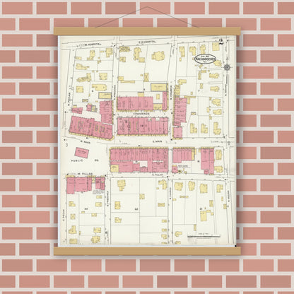 Old map wall art mockup — magnetic wood frame on brick wall — Sanborn Fire Insurance Map from Nacogdoches, Nacogdoches County, Texas (1921), Sheet #0002