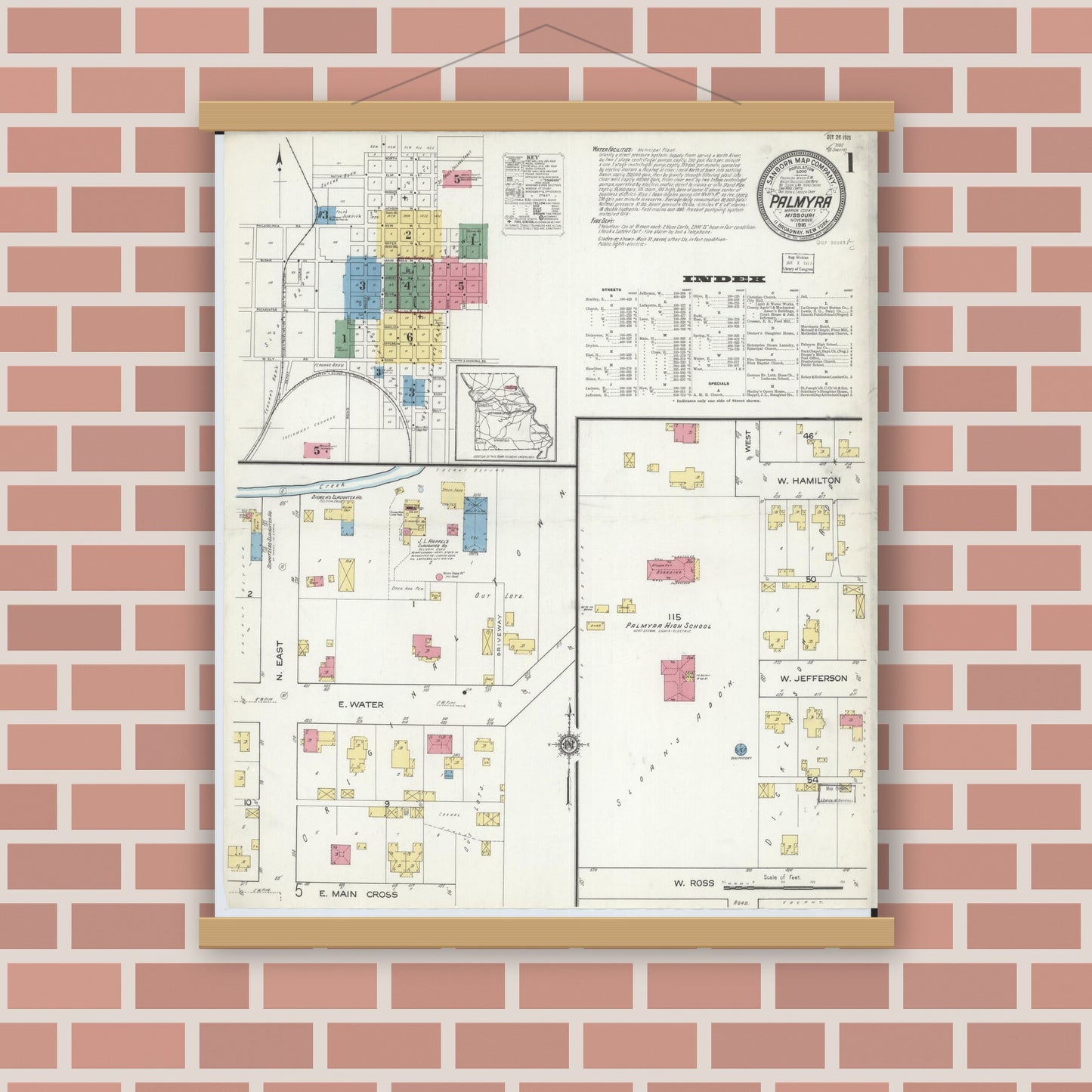 Old map wall art mockup — magnetic wood frame on brick wall — Sanborn Fire Insurance Map from Palmyra, Marion County, Missouri (1916), Sheet #0001