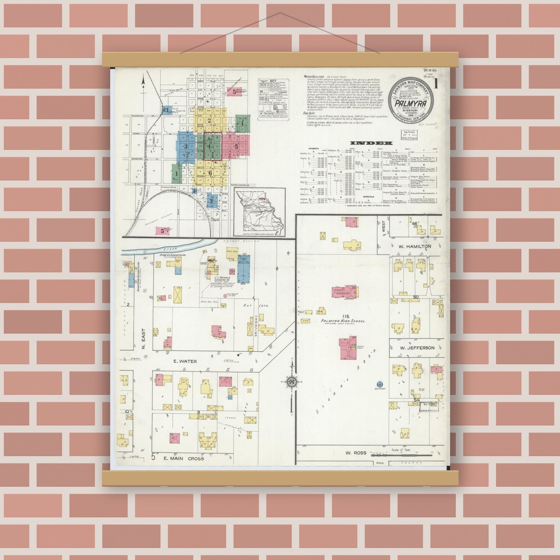 Old map wall art mockup — magnetic wood frame on brick wall — Sanborn Fire Insurance Map from Palmyra, Marion County, Missouri (1916), Sheet #0001