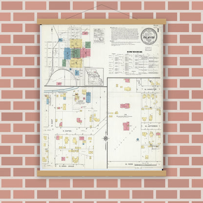 Old map wall art mockup — magnetic wood frame on brick wall — Sanborn Fire Insurance Map from Palmyra, Marion County, Missouri (1916), Sheet #0001