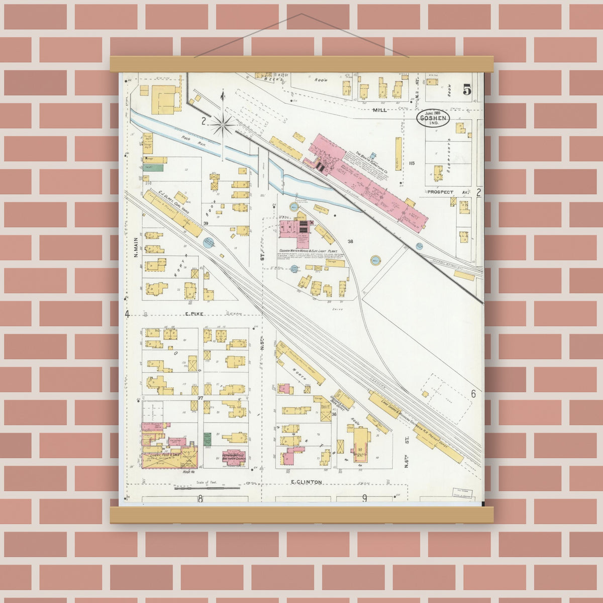 Old map wall art mockup — magnetic wood frame on brick wall — Sanborn Fire Insurance Map from Goshen, Elkhart County, Indiana (1905), Sheet #0005