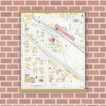 Old map wall art mockup — magnetic wood frame on brick wall — Sanborn Fire Insurance Map from Goshen, Elkhart County, Indiana (1905), Sheet #0005