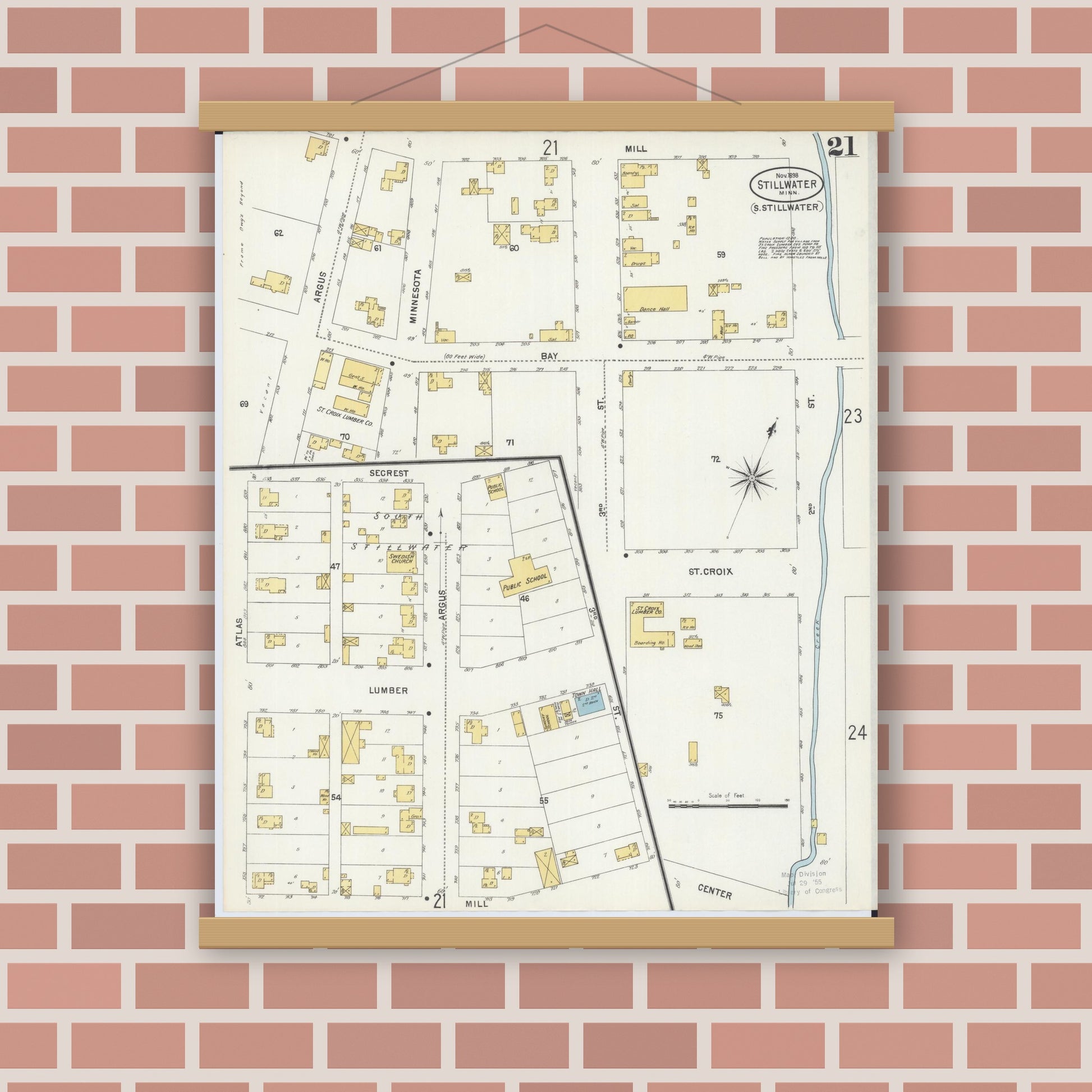 Old map wall art mockup — magnetic wood frame on brick wall — Sanborn Fire Insurance Map from Stillwater, Washington County, Minnesota (1898), Sheet #0021