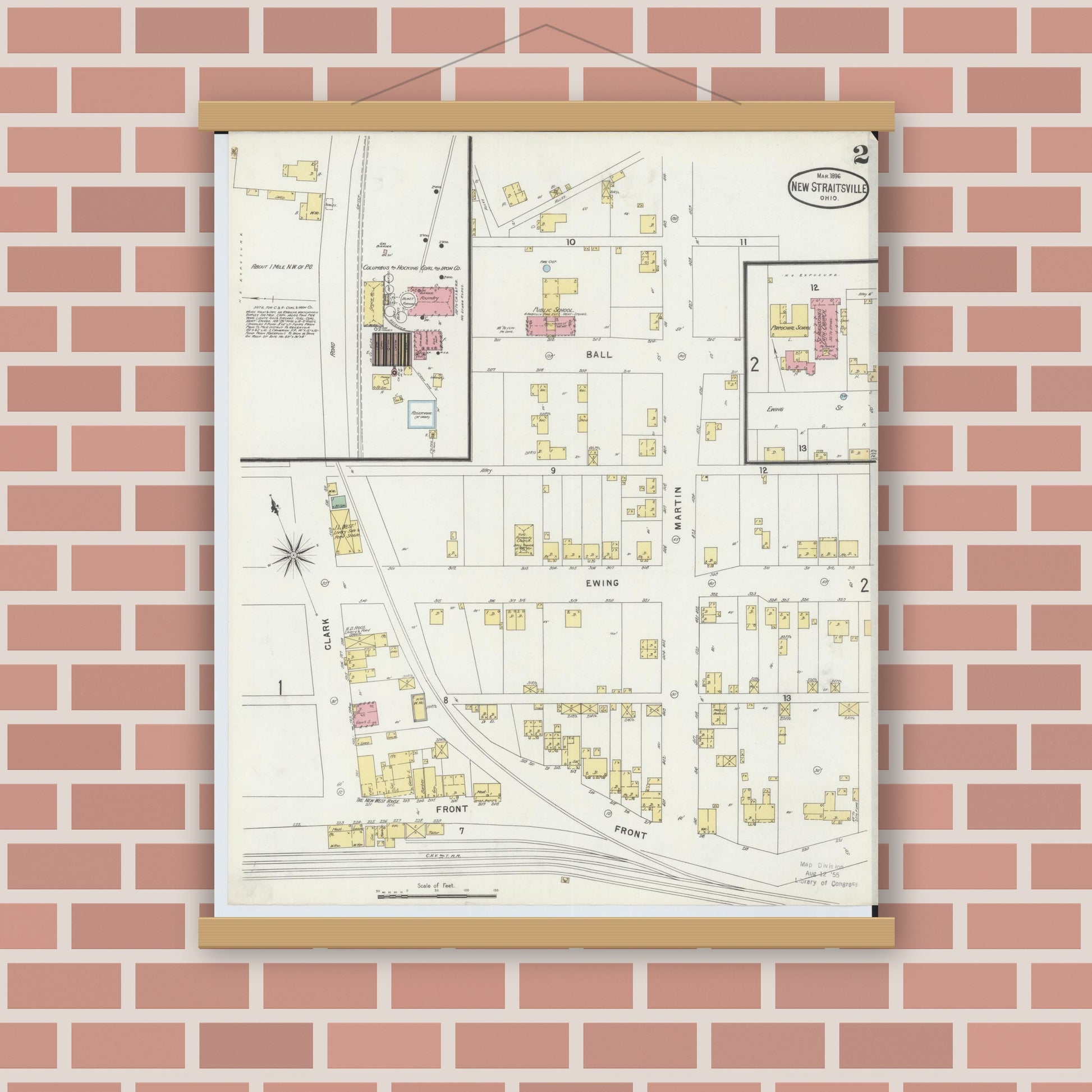 Old map wall art mockup — magnetic wood frame on brick wall — Sanborn Fire Insurance Map from New Straitsville, Perry County, Ohio (1896), Sheet #0002