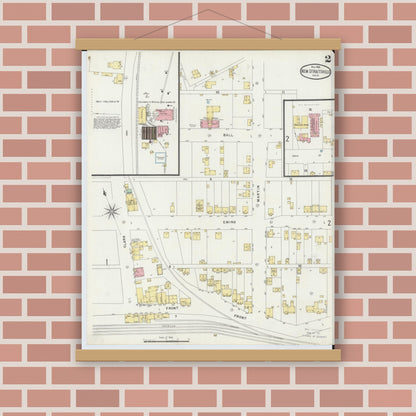 Old map wall art mockup — magnetic wood frame on brick wall — Sanborn Fire Insurance Map from New Straitsville, Perry County, Ohio (1896), Sheet #0002