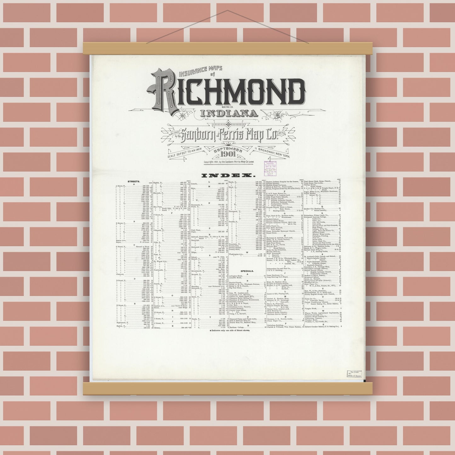 Old map wall art mockup — magnetic wood frame on brick wall — Sanborn Fire Insurance Map from Richmond, Wayne County, Indiana (1901), Sheet #0001