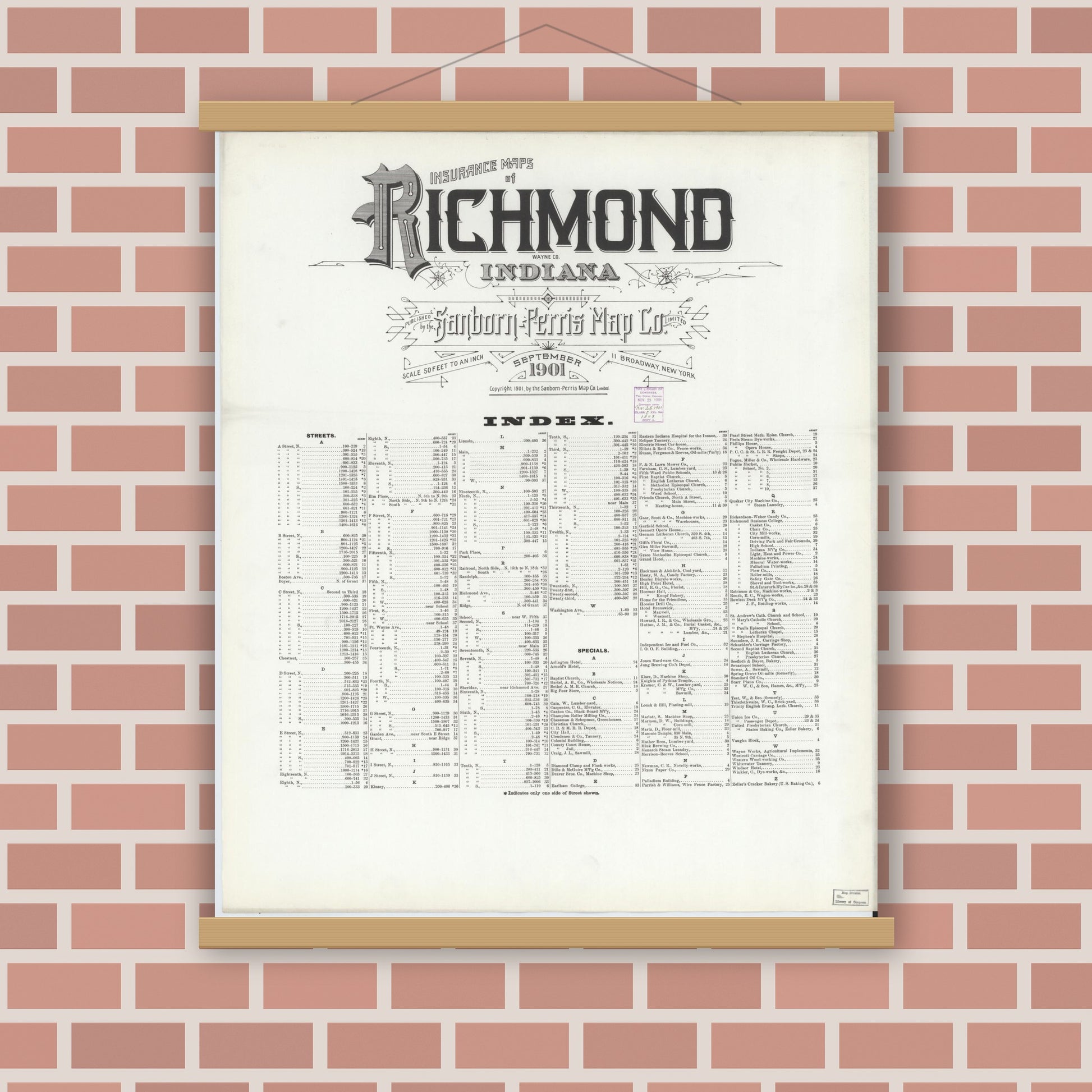 Old map wall art mockup — magnetic wood frame on brick wall — Sanborn Fire Insurance Map from Richmond, Wayne County, Indiana (1901), Sheet #0001
