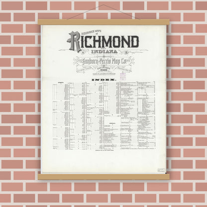 Old map wall art mockup — magnetic wood frame on brick wall — Sanborn Fire Insurance Map from Richmond, Wayne County, Indiana (1901), Sheet #0001